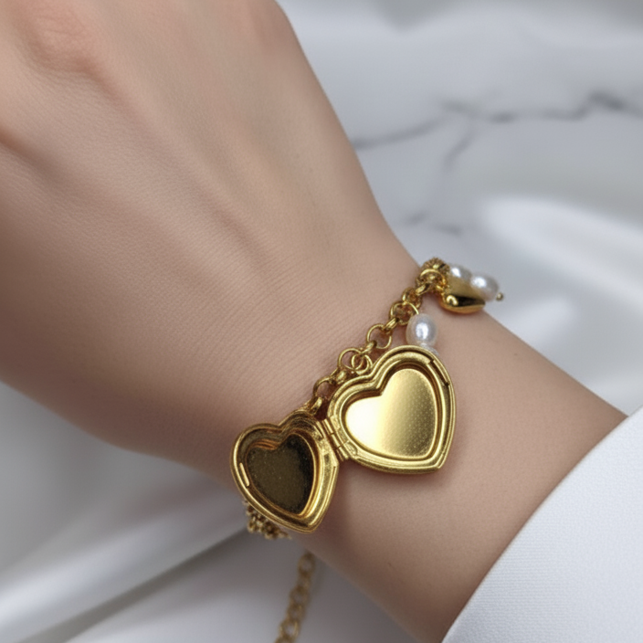 Pulsera con Charms y Colgante Porta Foto en Acero Inoxidable