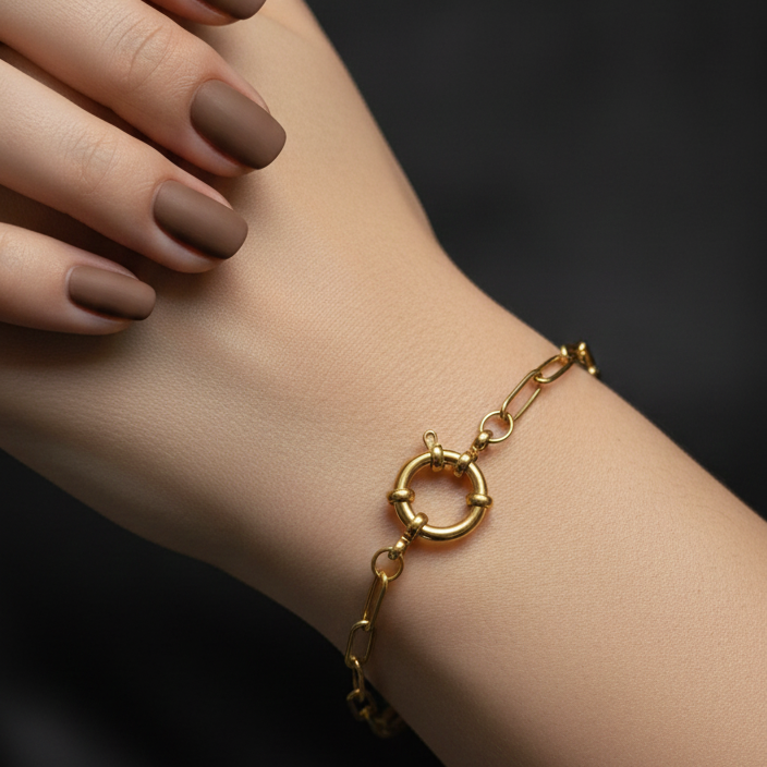 Pulsera de Eslabones Clip de Acero Inoxidable y Baño de Oro 18k