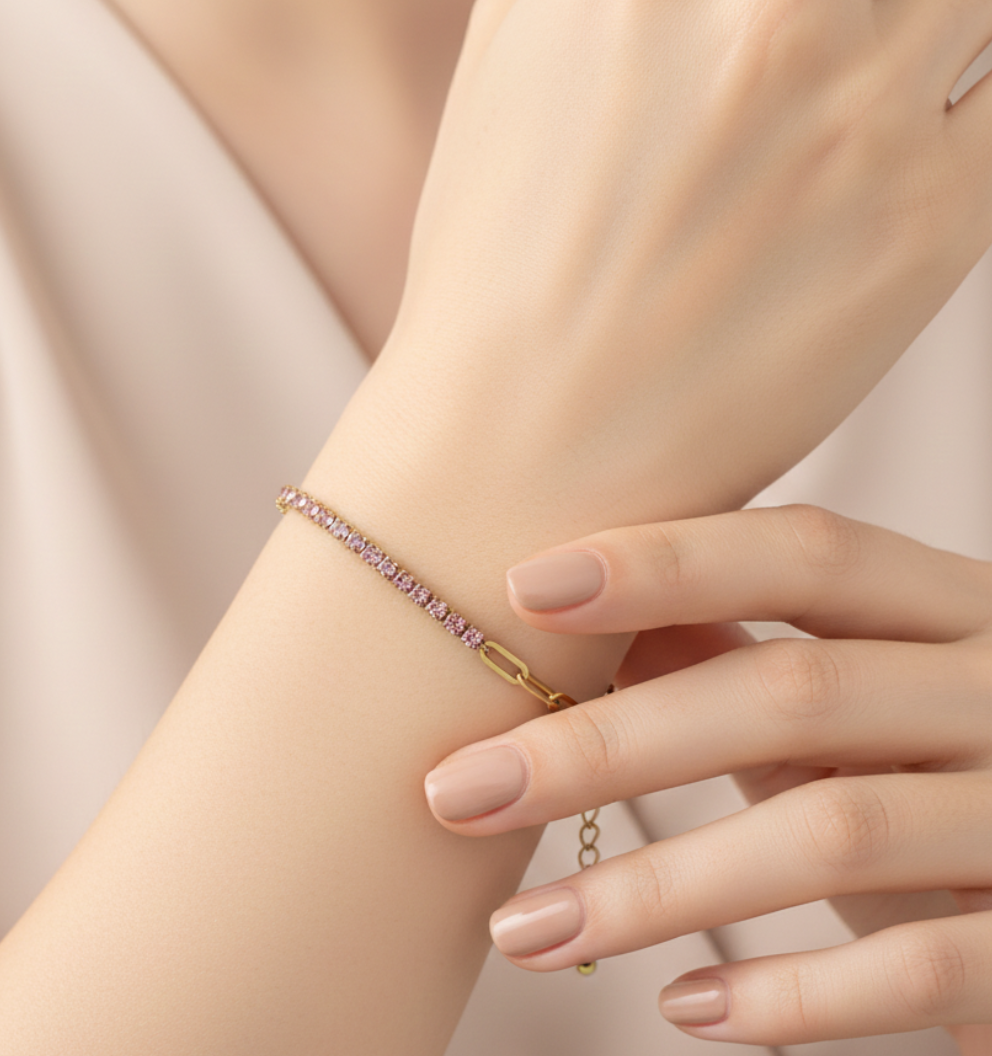 Pulsera Eslabon y Cristales Rosa