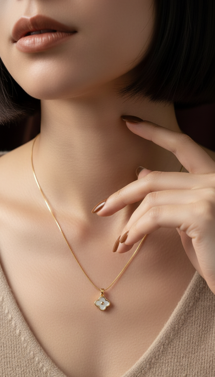 Collar trébol Van Cleef $AI$ 18k resistente agua, colgante flor nácar blanco, imitación lujo asequible, joya baño oro, acero inoxidable de calidad.