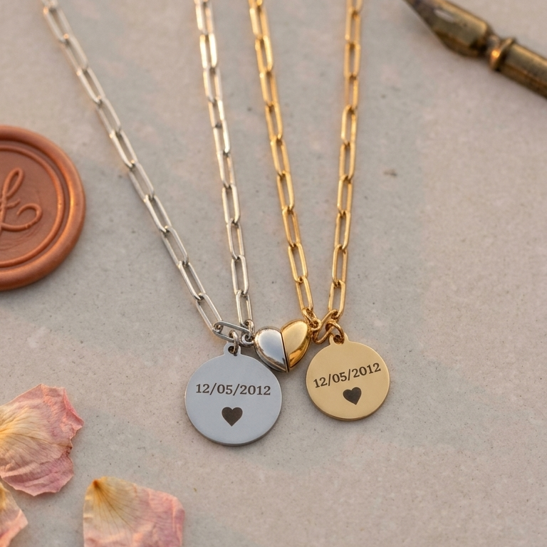 Collar Magnetic Love - Medalla Grabada con Dije Corazón Imantado