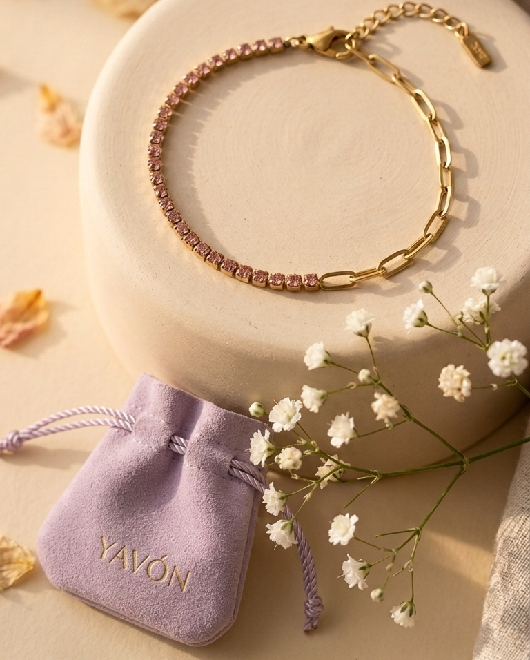 Pulsera Eslabon y Cristales Rosa